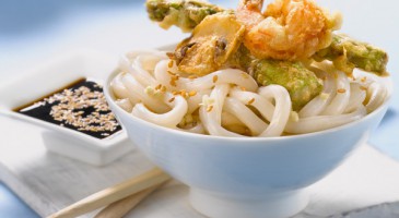 Udon noodles with vegetable and shrimp tempura